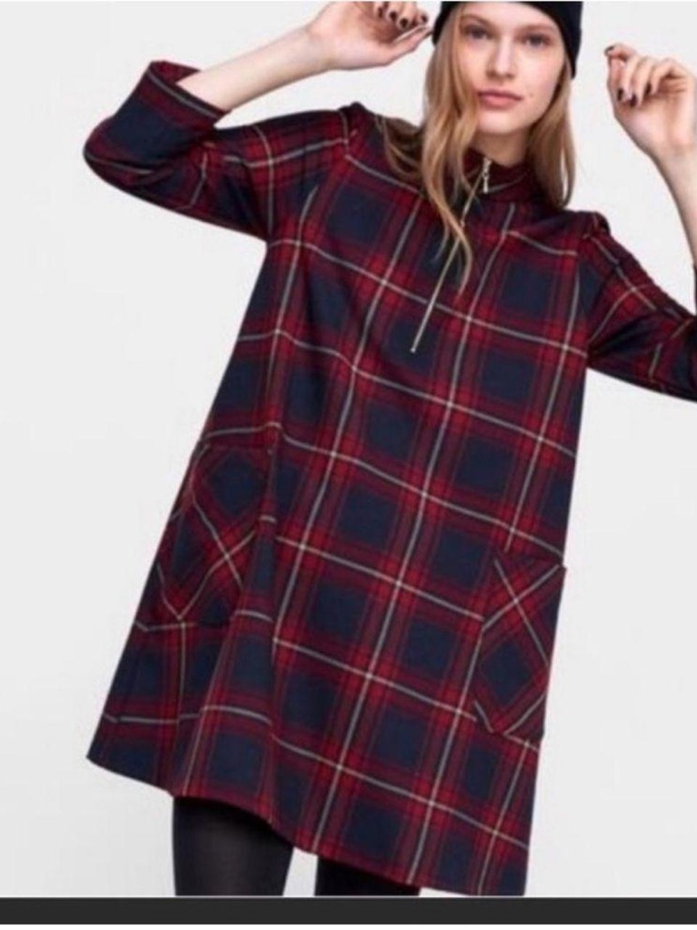 Zara Basic Plaid Tartan Shift Dress Half Zip Pockets Preppy Mod Academia XS